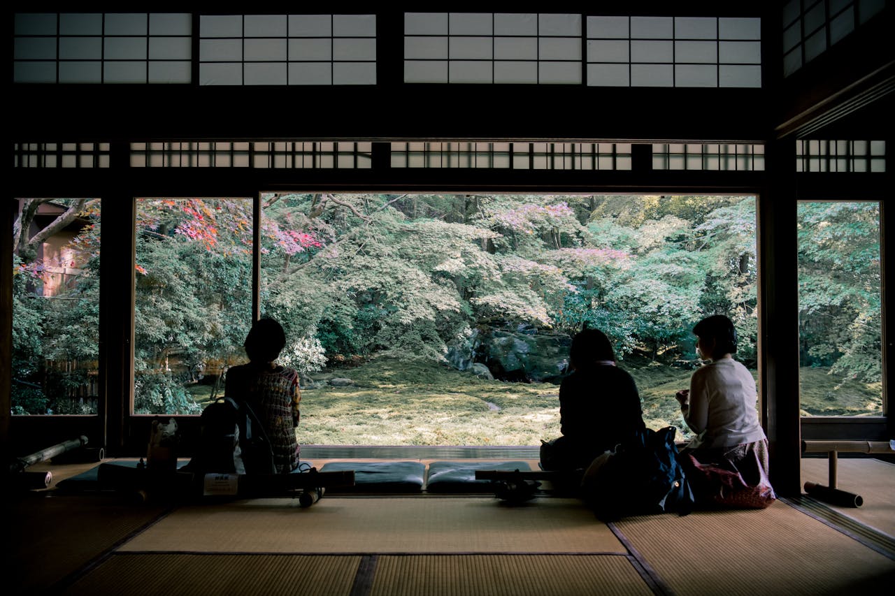 Tranquil scenery from a traditional Japanese tea room in Kyoto.