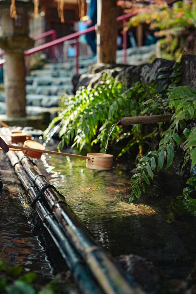 Close-up of bamboo ladles at a Japanese temple purification fountain.