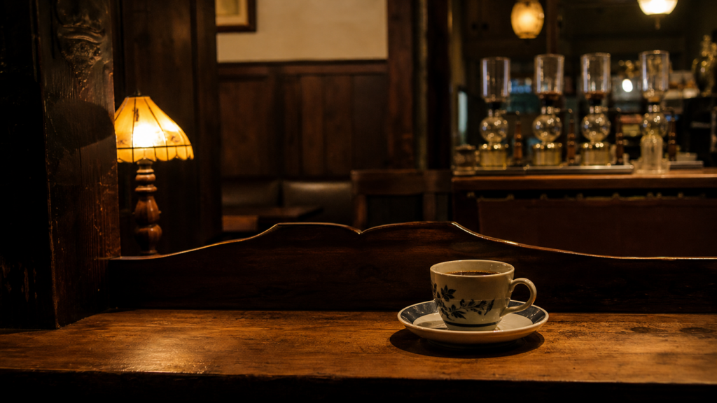 A jun-kissa interior in Japan — dark wood counter, ceramic coffee cup, low lighting, Showa-era atmosphere