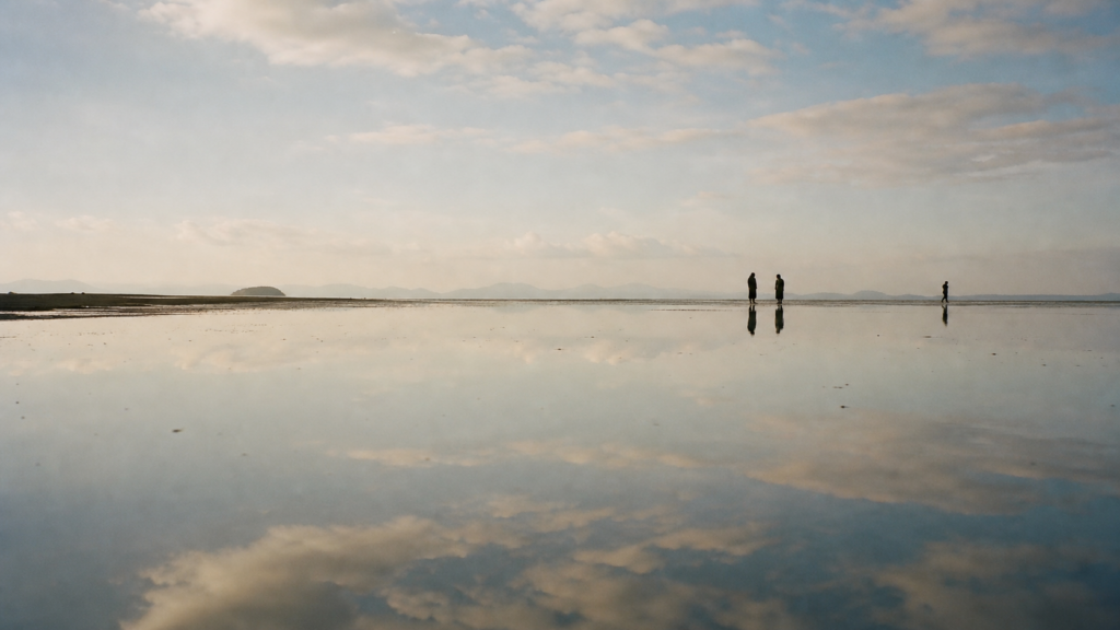 Chichigahama mirror beach at low tide, sky reflected in wet sand, Mitoyo, Kagawa