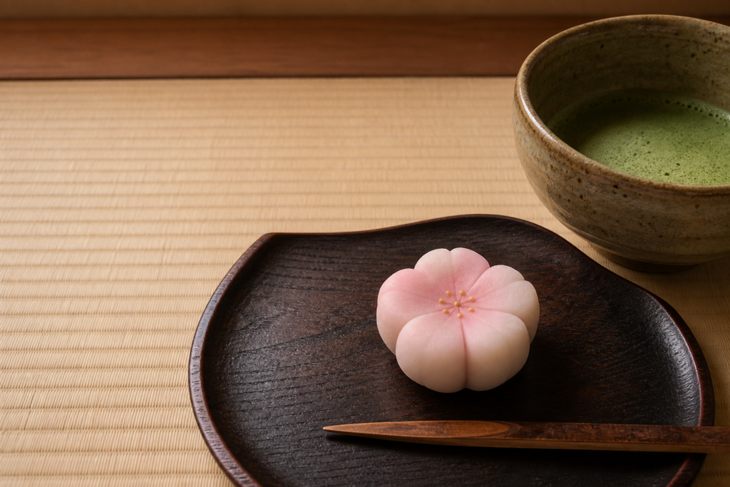 Wagashi in Japan — a seasonal Japanese sweet on a lacquered tray beside a bowl of matcha