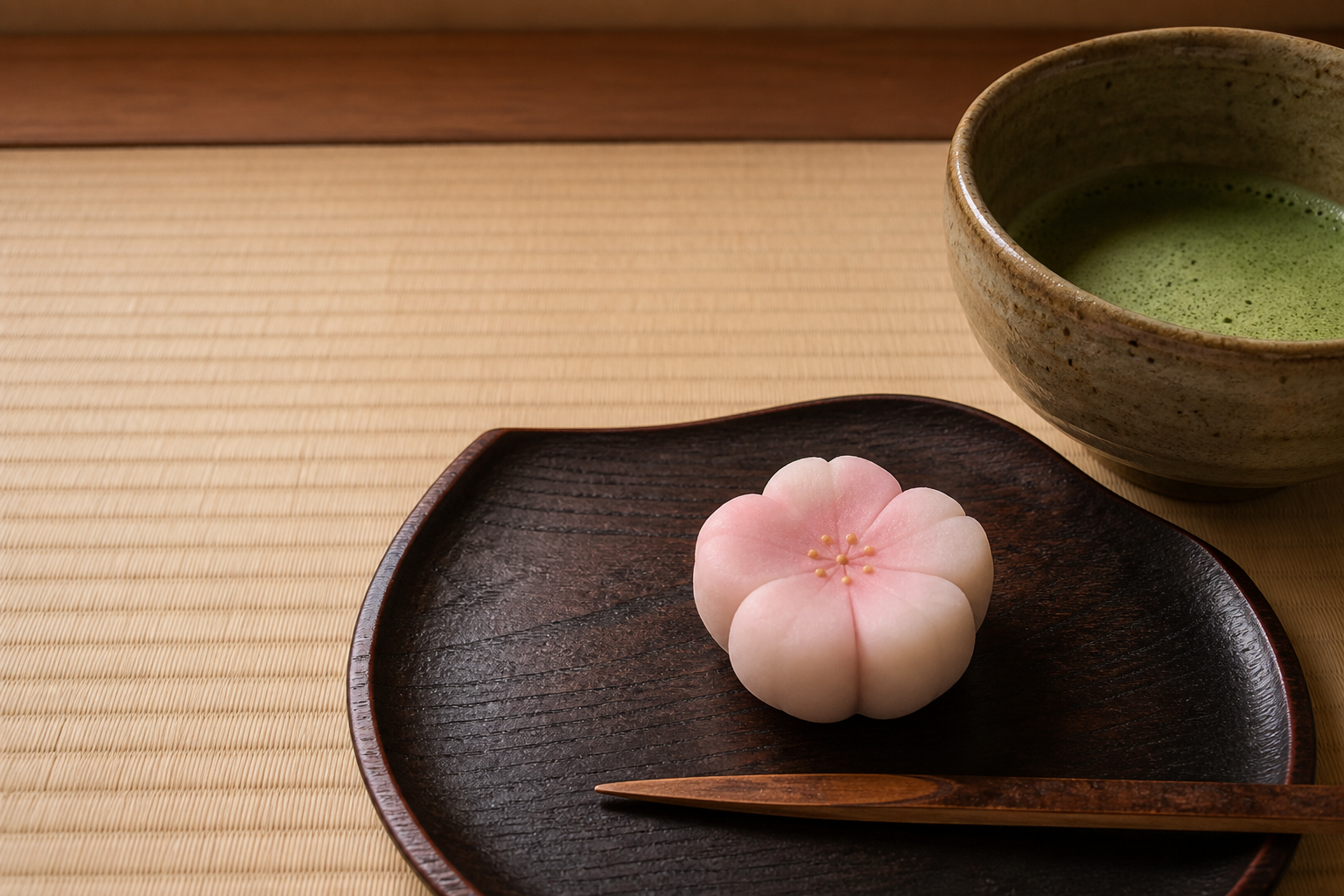 Wagashi in Japan — a seasonal Japanese sweet on a lacquered tray beside a bowl of matcha