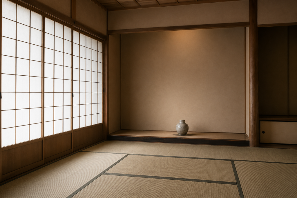 A spare tatami room with a tokonoma alcove, single ceramic vase, and soft light filtering through shoji screens
