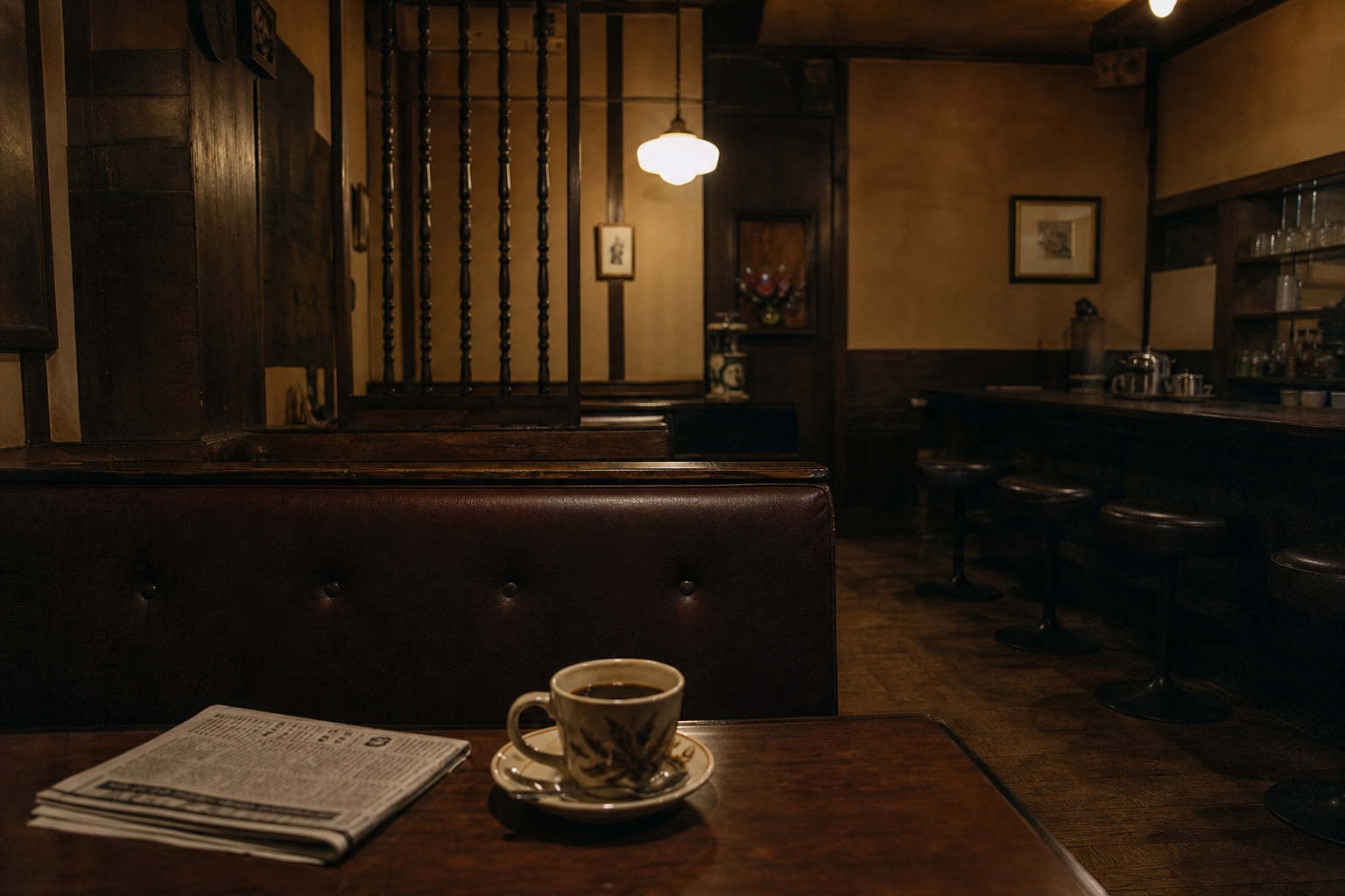 Interior of a Japanese jun-kissa — dark booths, wood paneling, warm low lighting