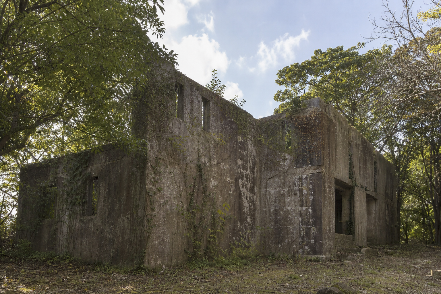 Overgrown concrete wartime ruins on Okunoshima rabbit island with moss and vines