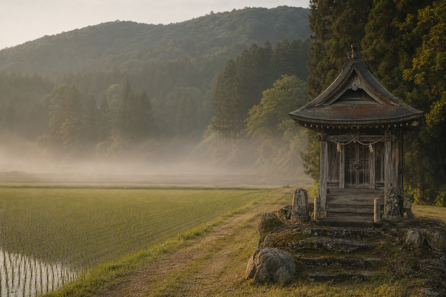Satoyama landscape — the rural countryside that defines quiet travel in Japan, with rice fields, a small shrine, and forested hills