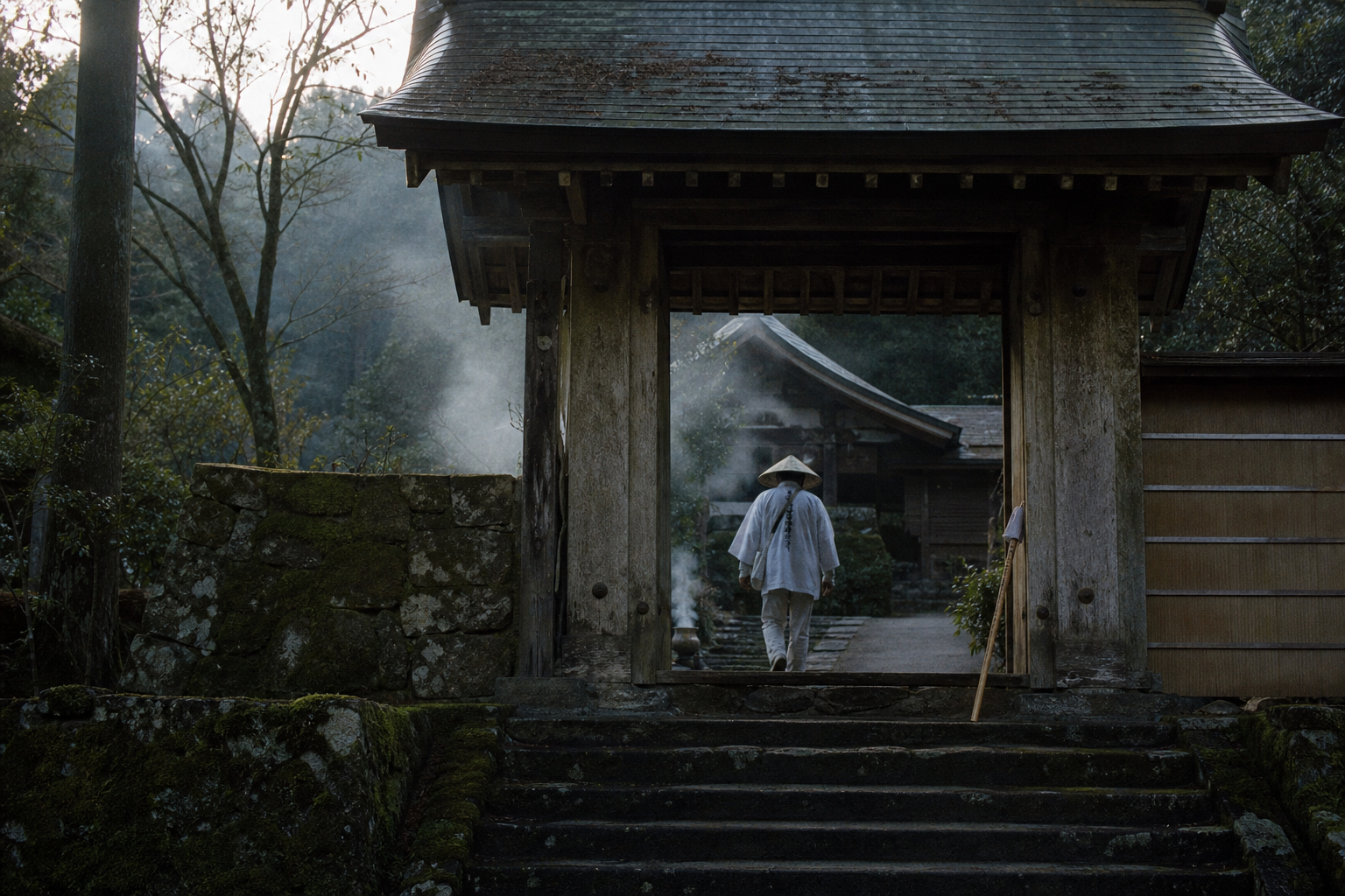Henro pilgrims in white jackets at a moss-covered stone gate of a Shikoku temple