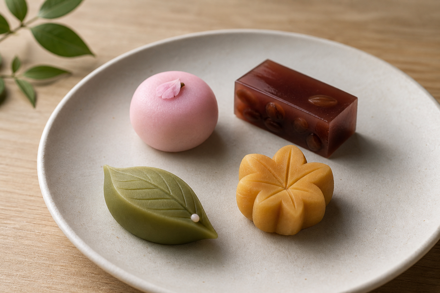 Seasonal wagashi arranged by season — spring mochi, summer yokan, and autumn nerikiri on a wooden surface