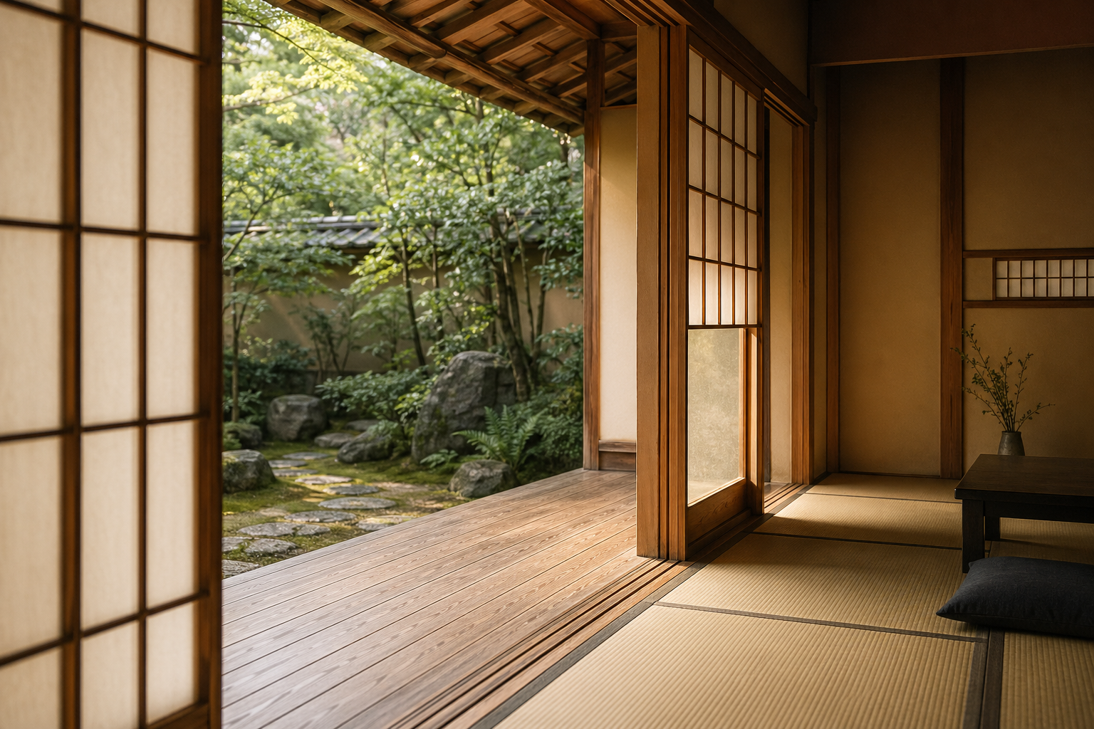 A tatami room with open shoji screens revealing a garden, engawa veranda in between