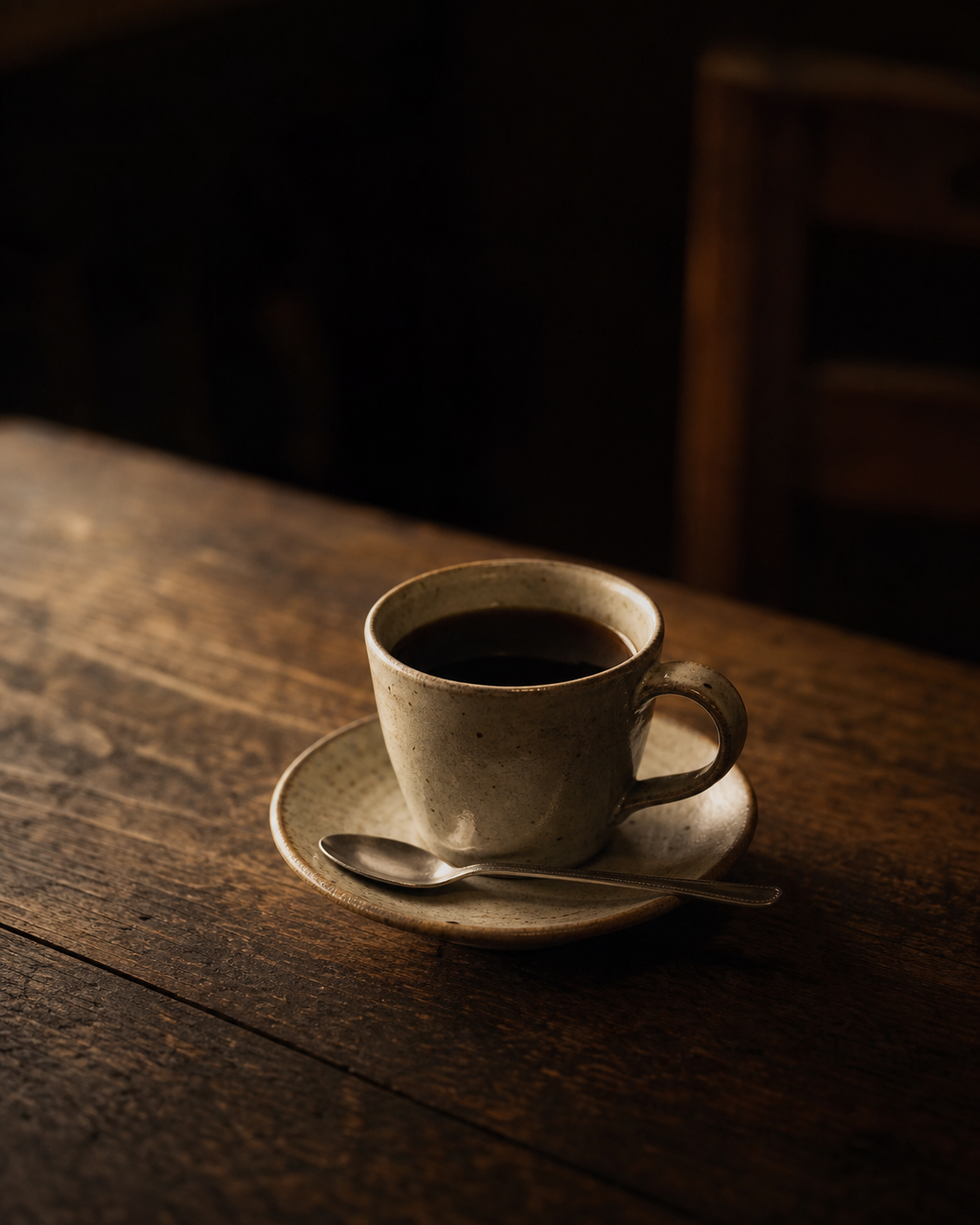 A ceramic coffee cup on a saucer in a Japanese jun-kissa, with soft morning light