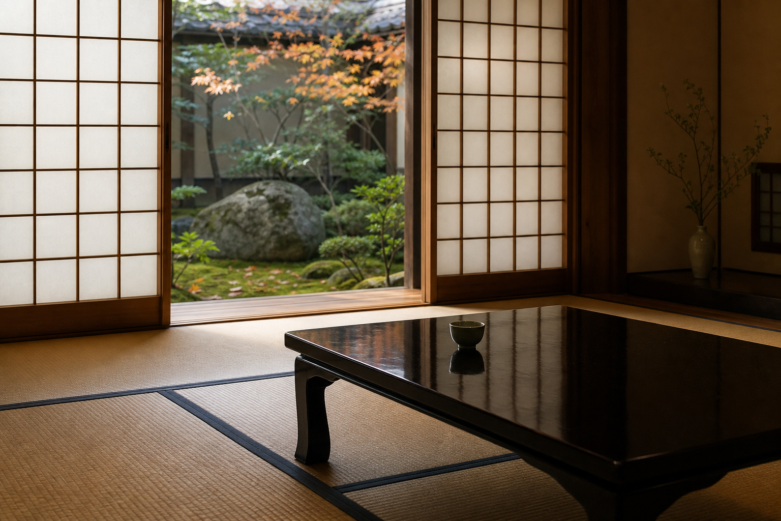 A ryokan room interior with tatami, a low table, and a window looking onto a small garden