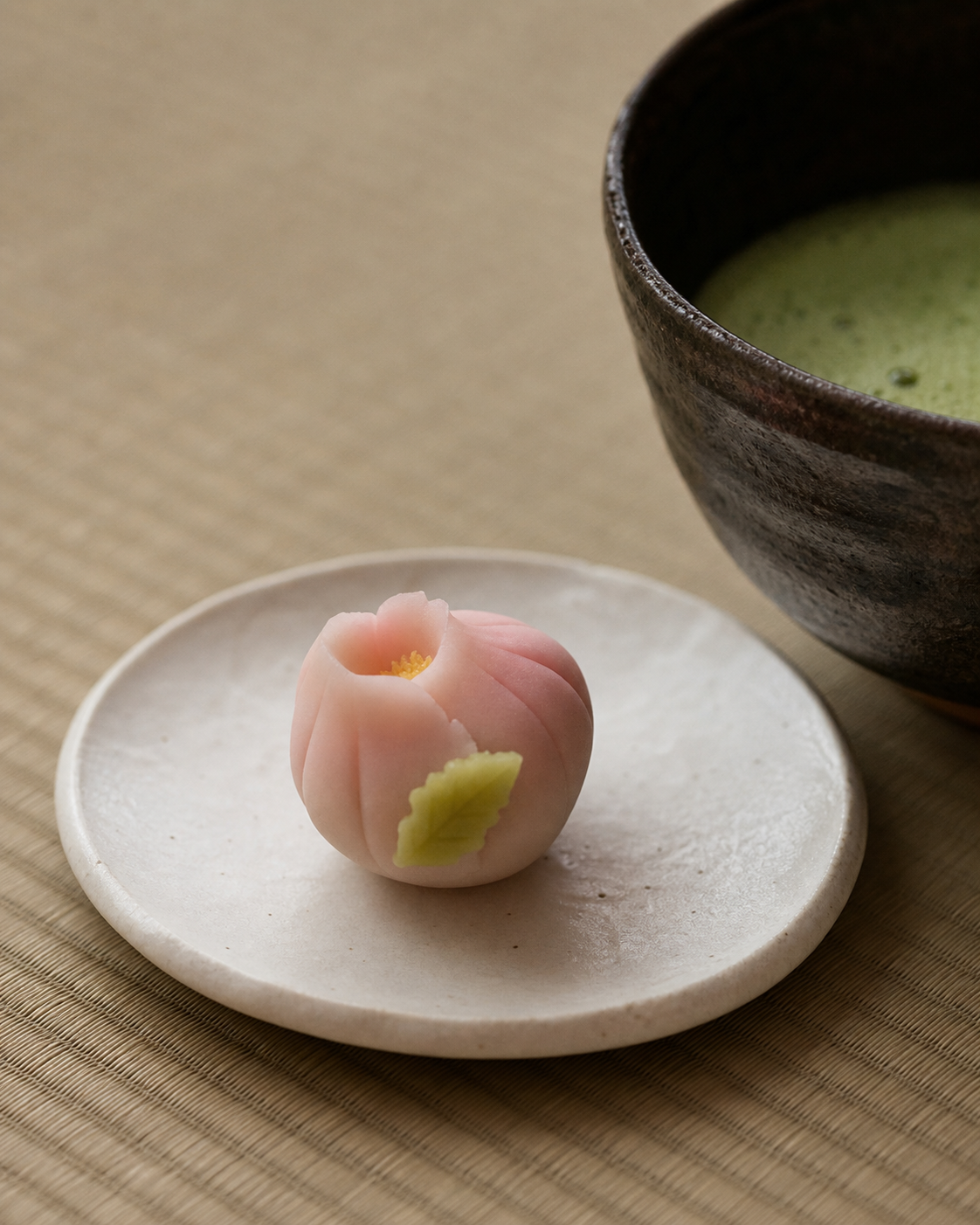 A small namagashi wagashi beside a ceramic matcha bowl on a tatami surface