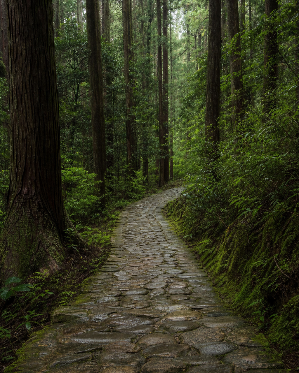 Stone-paved pilgrim path through tall cedar forest on the Kumano Kodo