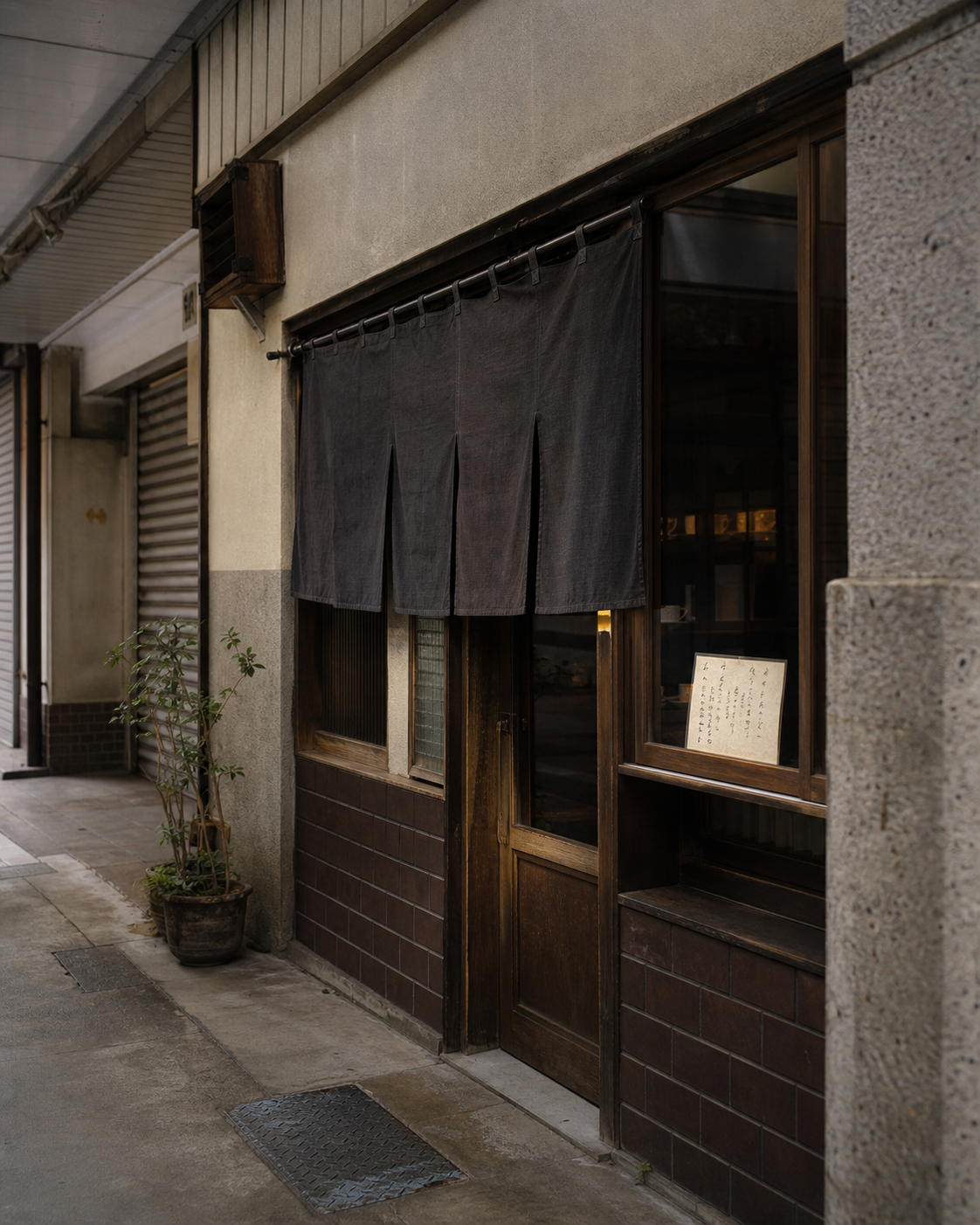 The entrance of a Japanese jun-kissa — a small noren curtain and handwritten menu board