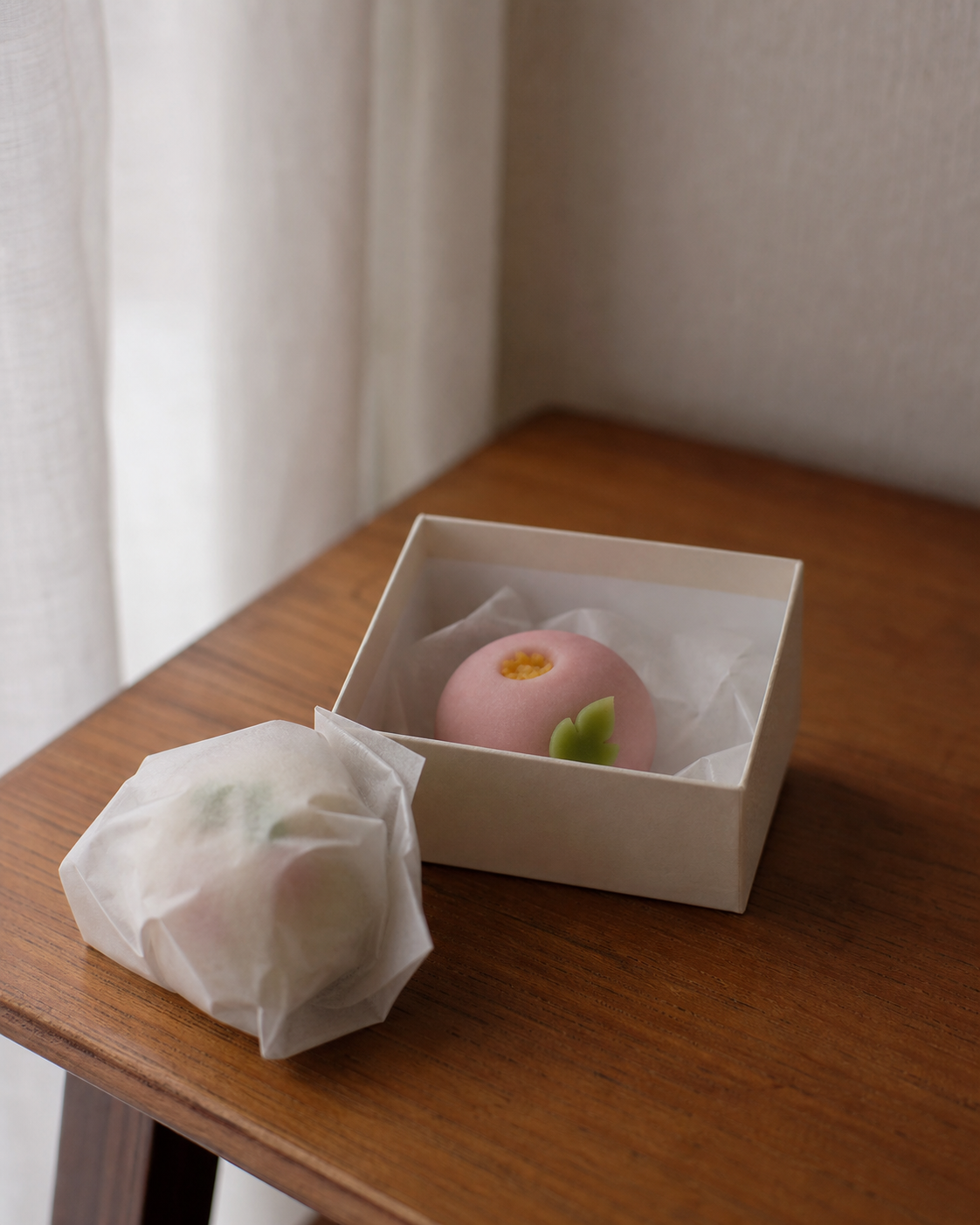 A wagashi sweet wrapped in paper as an omiyage gift on a wooden surface