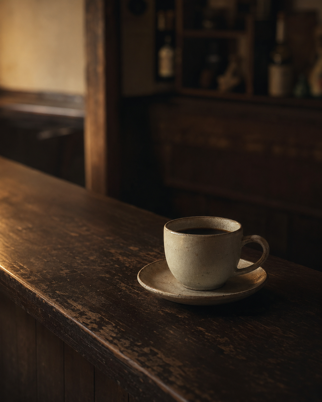 A ceramic coffee cup on a small saucer at a quiet kissaten counter, soft light, no people