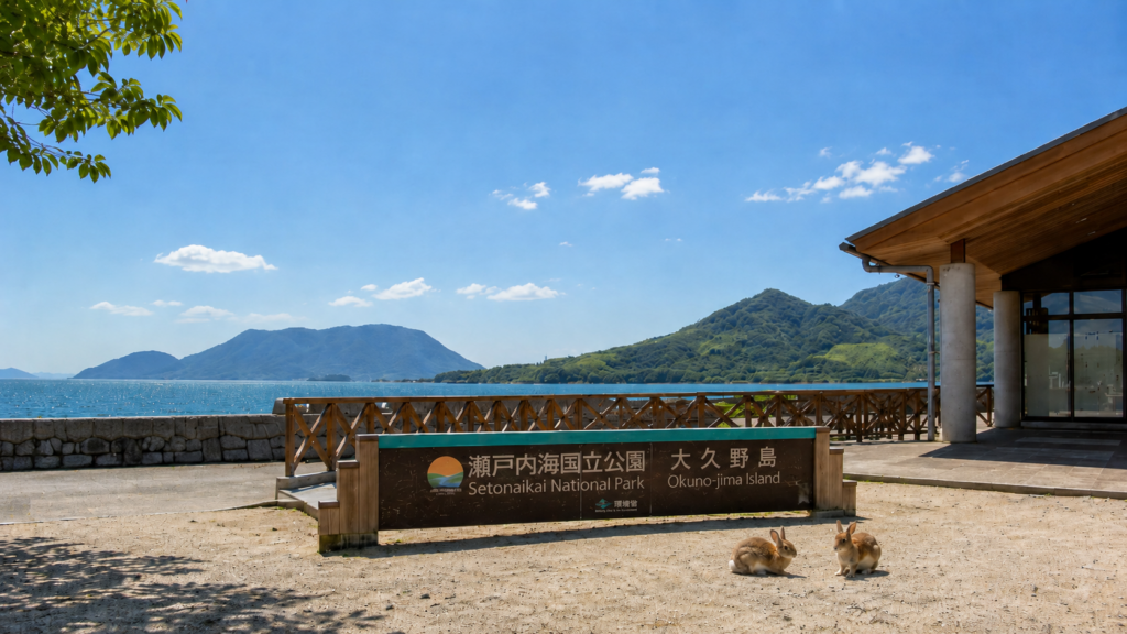 Okunoshima rabbit island national park sign with Seto Inland Sea and mountains in background