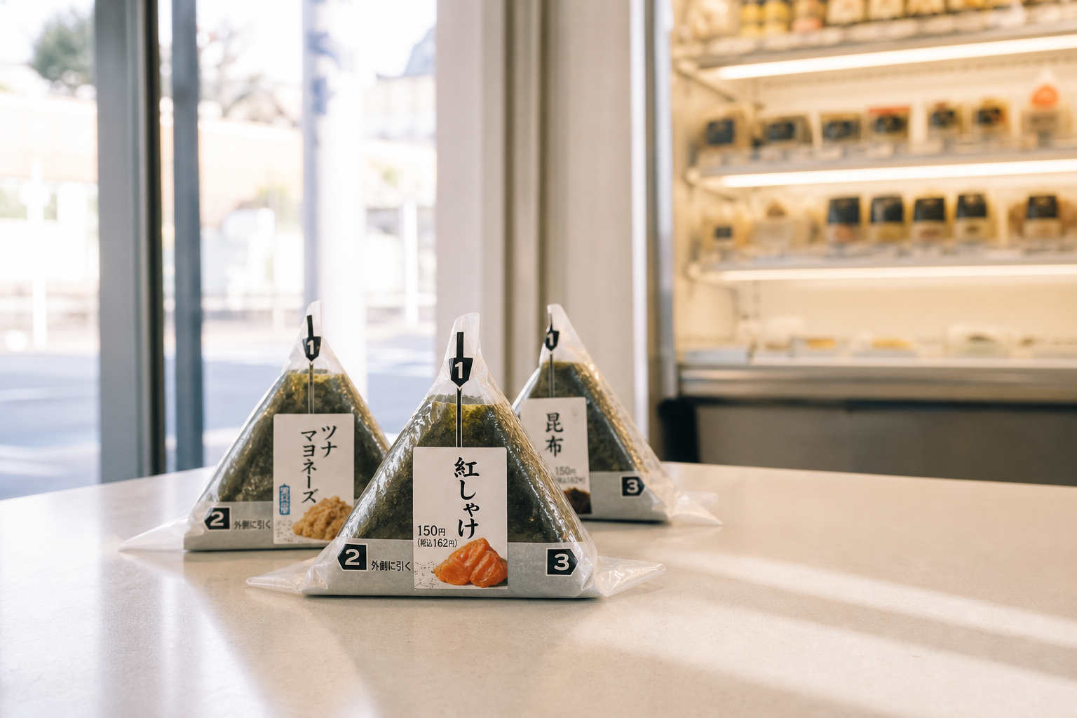 Convenience store onigiri in Japan arranged on a clean konbini counter in early morning light