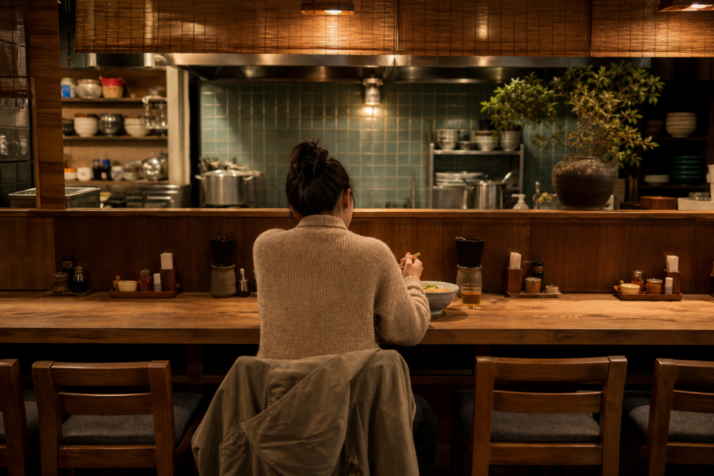 A single person eating alone at a Japanese ramen counter, seen from behind, warm interior light