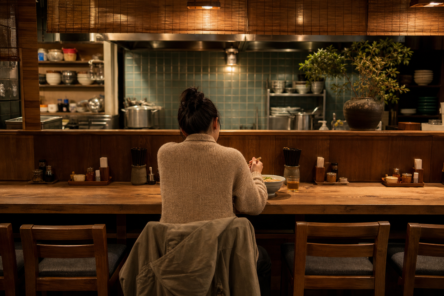 A single person eating alone at a Japanese ramen counter, seen from behind, warm interior light
