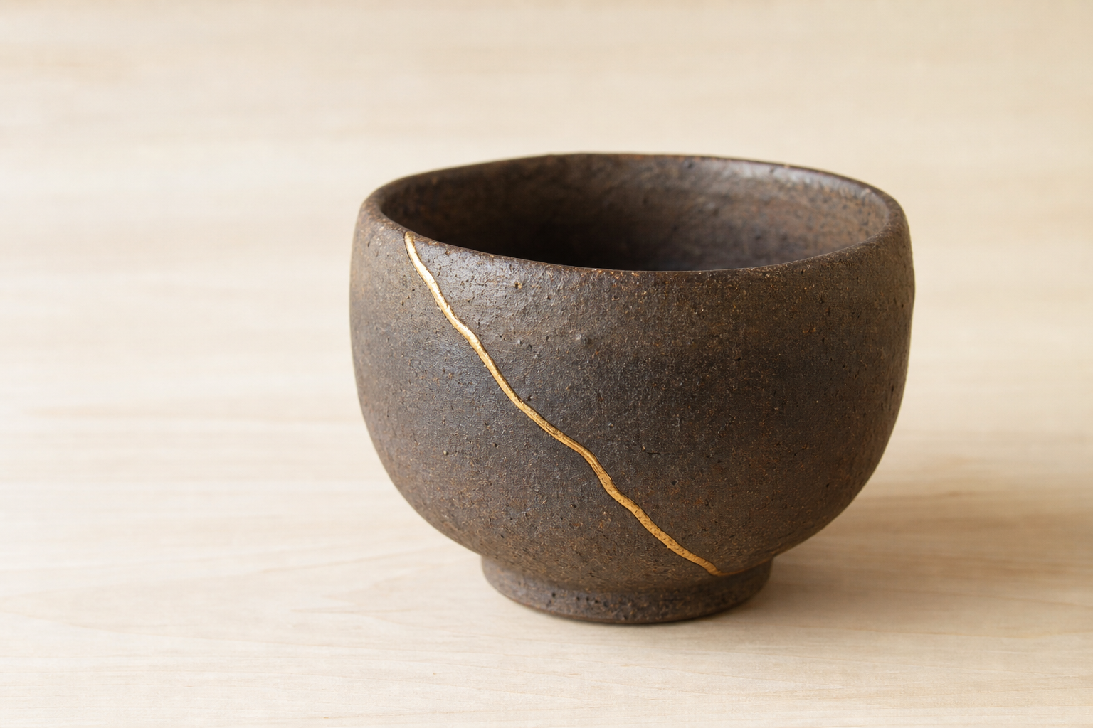A kintsugi-repaired Japanese tea bowl with a gold repair line running across its surface, on a plain wooden surface