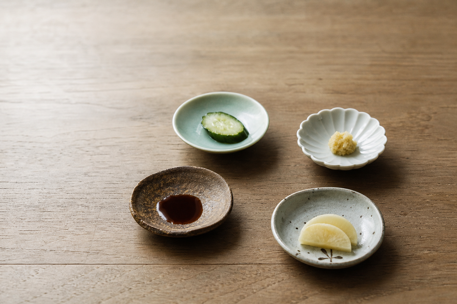 Several small Japanese mamezara plates on a wooden table, each holding a single condiment