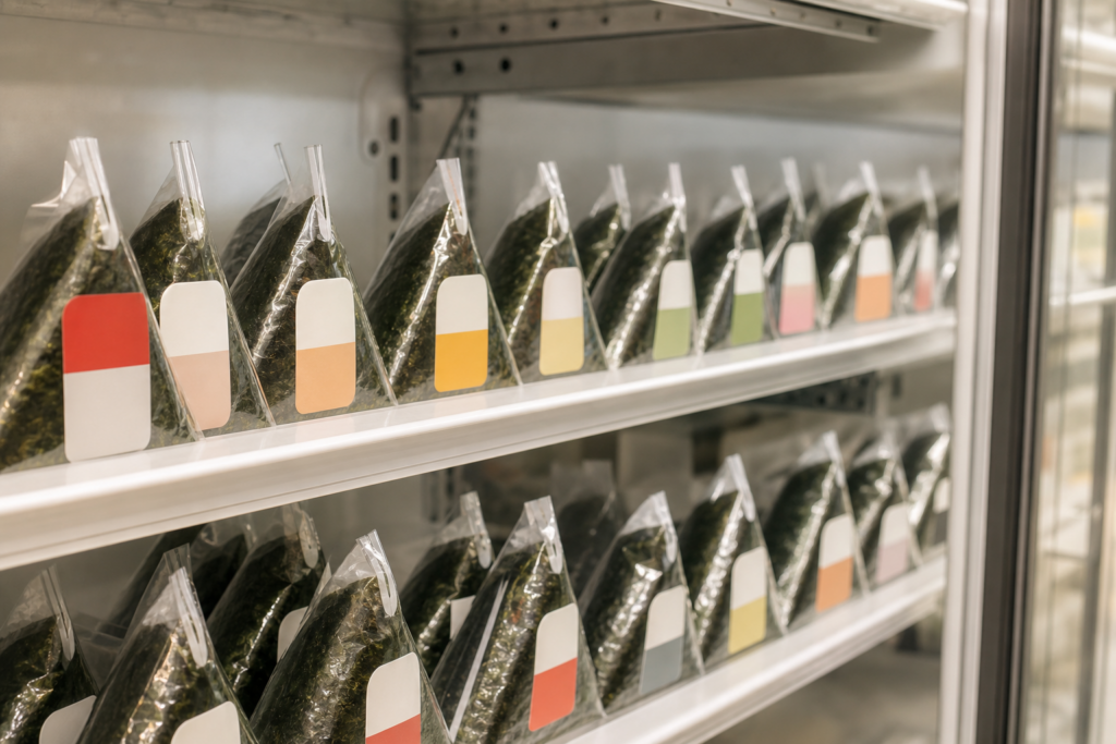 Japanese konbini onigiri lined up in refrigerated shelves, a familiar scene in convenience stores across Japan