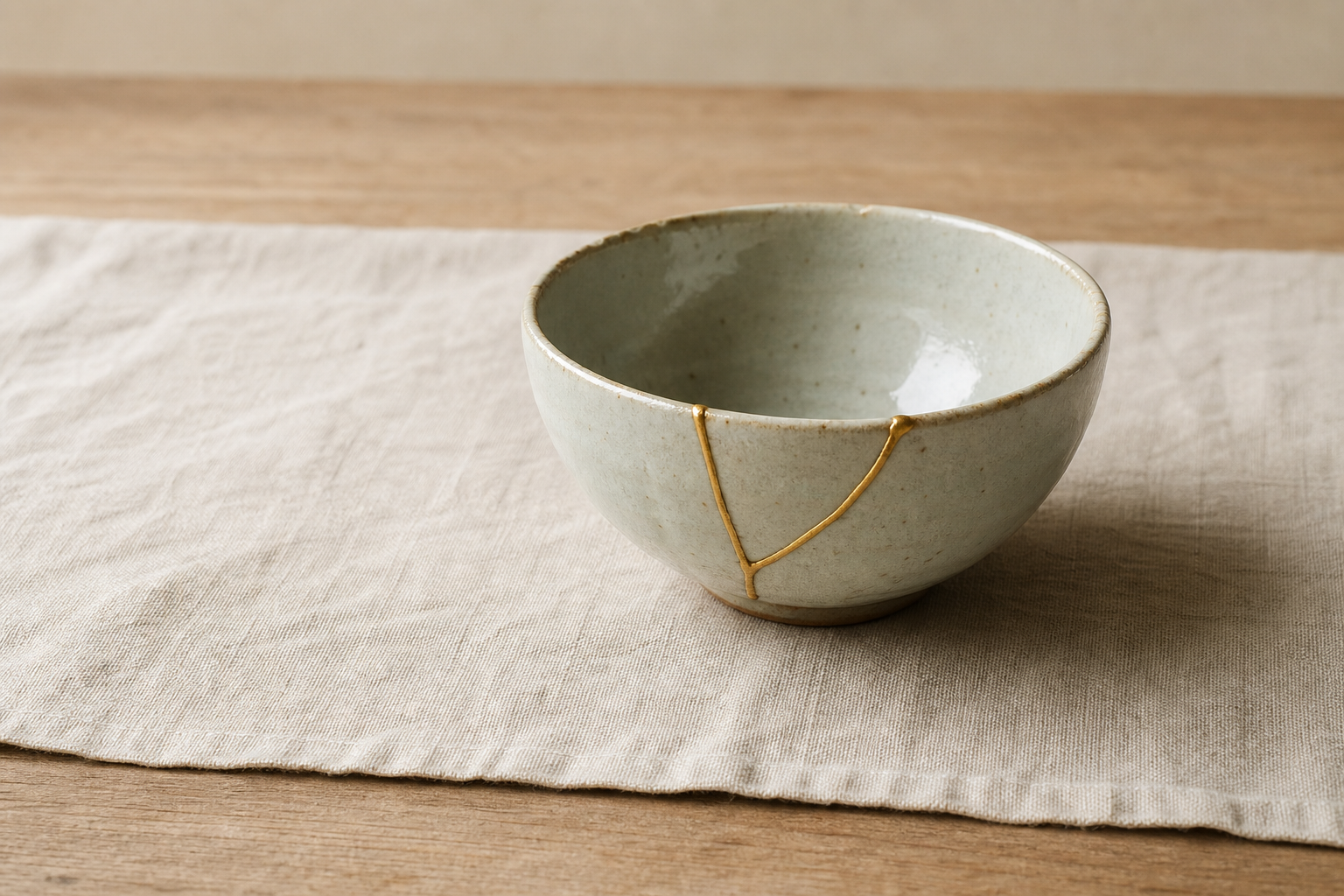 A kintsugi-repaired ceramic bowl showing two gold repair lines crossing its pale glazed surface