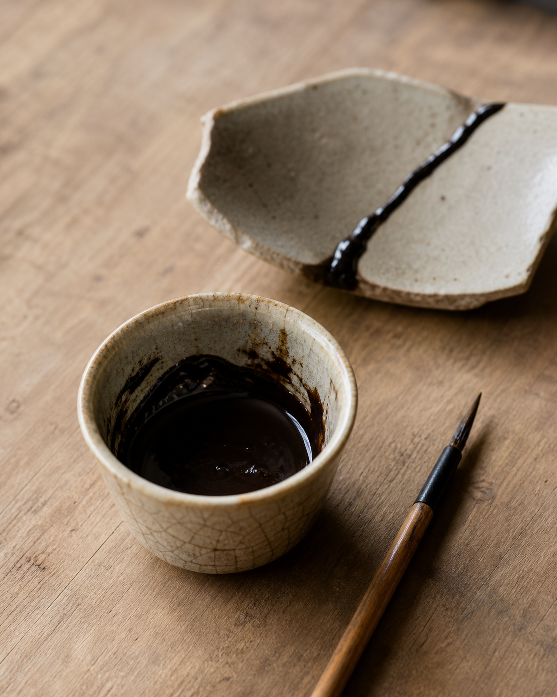 A small lacquer brush and an open container of dark urushi lacquer on a wooden repair workbench