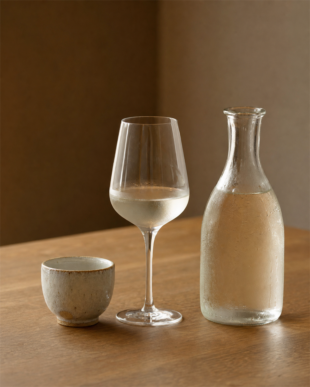 A wine glass and an ochoko cup beside a cold sake bottle on a Japanese table