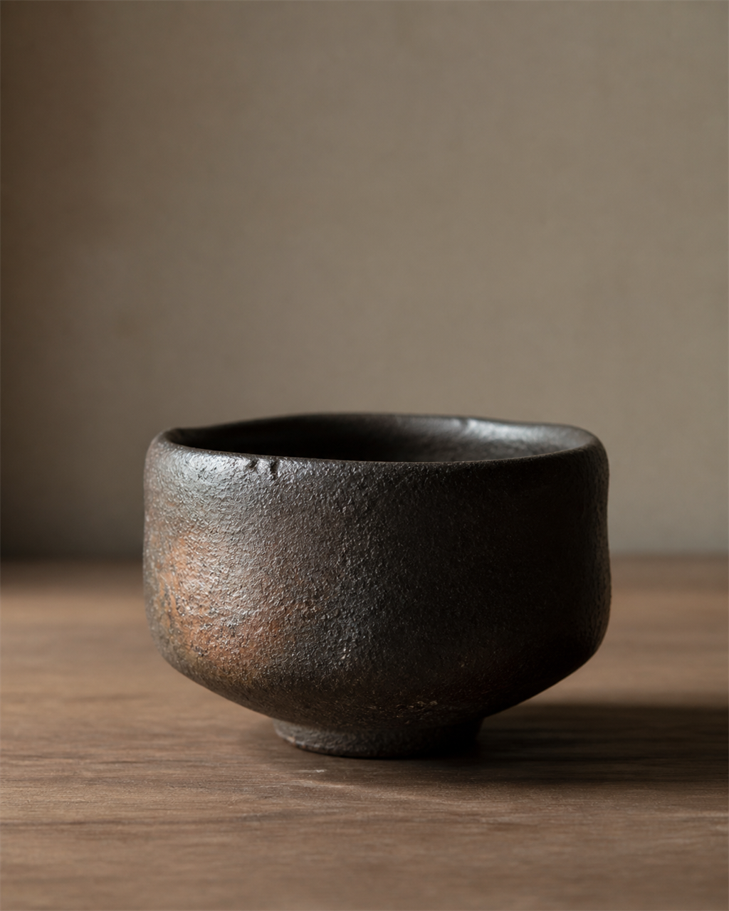 A single dark unglazed Japanese tea bowl on a wooden surface, expressing the wabi aesthetic
