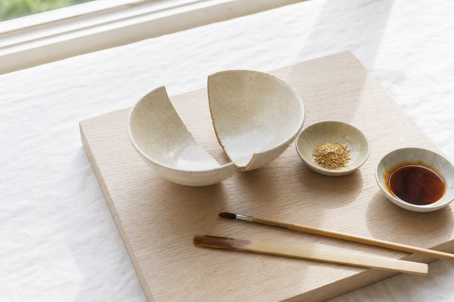 Traditional kintsugi materials on a wooden board: raw urushi lacquer, gold powder, brushes, and the two halves of a broken stoneware bowl