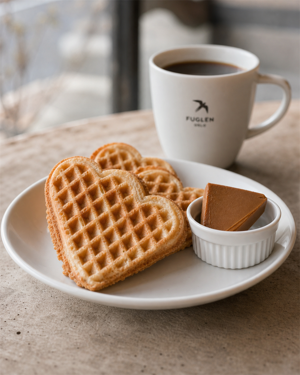 Heart-shaped Norwegian waffles with brown cheese on a white plate at Fuglen ASAKUSA