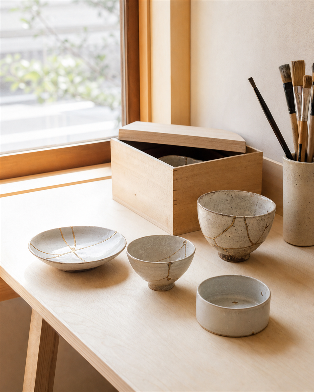 A small Tokyo urushi atelier bench with several ceramic pieces at different repair stages and a wooden drying box