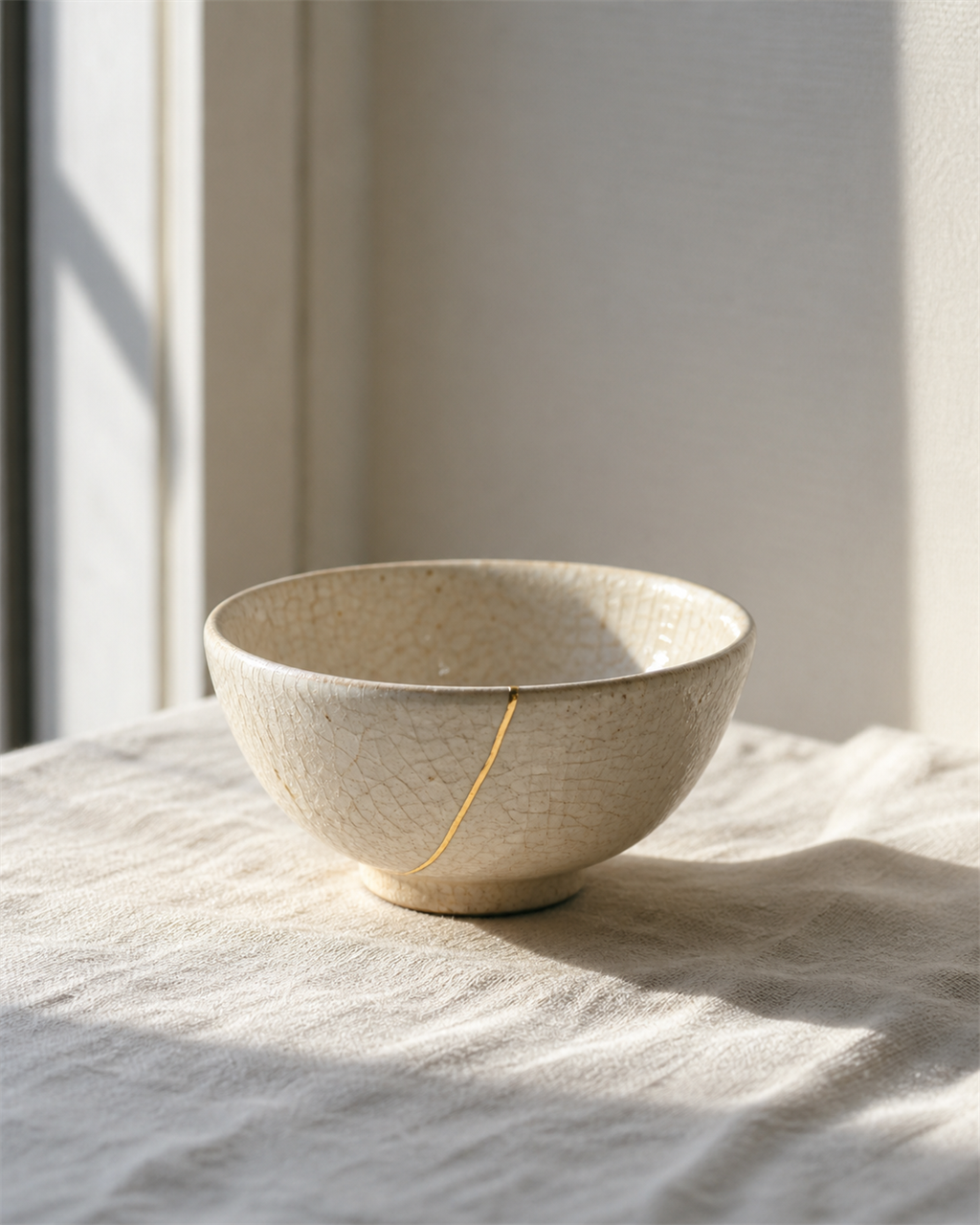 A finished everyday rice bowl with a single gold kintsugi seam, resting in soft window light